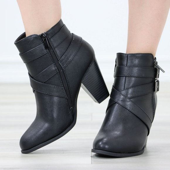 Black Ankle Boots High Heeled Booties Pointed Toe Chunky Cone Heel - Picture 11 of 12